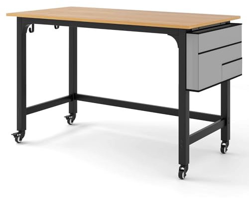 LIFEZEAL Bureau à roulettes, Pochette de Rangement, 2 Crochets, Table Ordinateur en Bois, Cadre en Acier, Table d'Étude & d'Écriture, Style Industriel, 120x60x75 cm (Naturel2)