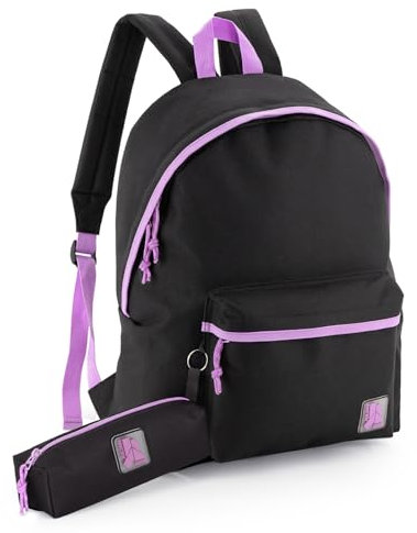 Julian Ross Zaino con Astuccio Coordinato – Impermeabile Leggero 41x31x18 cm in Poliestere – Zaino 24L Casual Donna e Ragazze – Ideale per Scuola, Viaggi e Tempo Libero – Nero e Lilla