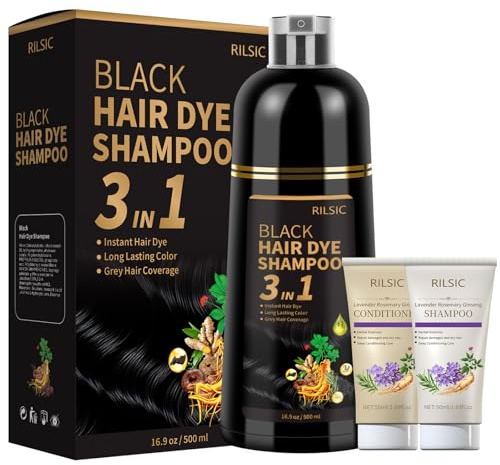 RILSIC Black Hair Dye Shampoo 3 in 1 for Grey Hair Coverage, Women Men | 500ML Herbal Instant Hair Color & 50ML Shampoo & 50ML Conditioner, Long Lasting - Natural, Hair Colour, Coloring in Minutes