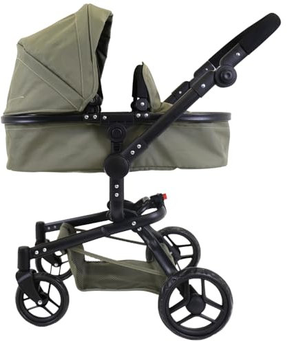 Bandits & Angels Puppenwagen Grün Modern Angel 2in1 Retro Grün ab 3 Jahren – Puppenbuggy – Für Mädchen – Verstellbarer Schieber 48-81 cm – Komplett zusammenklappbar – Mit Einkaufskorb