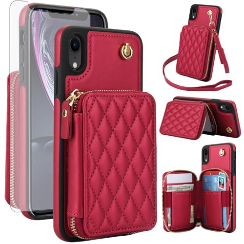 Phone Case for iPhone XR 6.1 Wallet Cell Cover with Tempered Glass Screen Protector Wrist Strap Stand RFID Blocking Card Holder iPhoneXR iPhone10R i Phonex 10XR 10R RX CR iPhoneXRcases Women Girls Red
