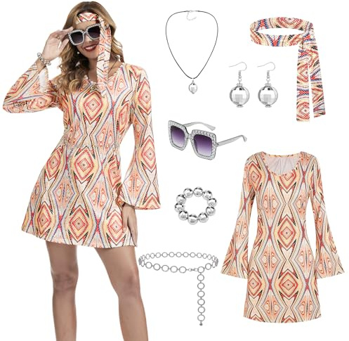PORJDN 60er 70er Jahre Frauen Kostüme,Damen-Hippie-Kleid,mit Peace-Zeichen, Halsketten, Ohrringen, Sonnenbrillen, Armbändern und Taillenkettchen, Disco Fever, Faschingskostüme (Orange, M)