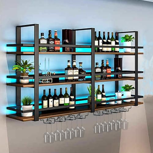 Wall Mounted Wine Rack with LED Light, Large Wine Bottles Display Shelf with Glasses Holder, 3 Tier Metal Bar Shelves , Industrial Liquor Racks for Home Bar, Dining Room & Kitchen 100×22×120cm