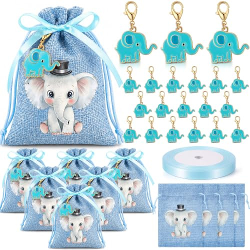 Otuuz 30 Set Bimbo Sacchetti Confetti Battesimo per Ospiti delle Feste | 30 Sacchettini in Lino, 30 Portachiavi con Elefante, 1 Nastro per Feste per Neonati, Battesimi e Regali di Nascita