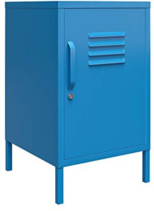 Cache Metall-Beistelltisch Blau, 37 x 40 x 69 cm, mit Spindtür und 2 Ablagefächern, Industrial Design für Wohnzimmer, Schlafzimmer und Home Office
