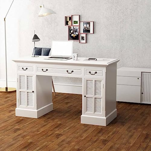 LoogCape Sekretär Schreibtisch Weiß 140 x 48 x 80 cm mit 3 Schubladen und 2 Schrankfächern, MDF und Kiefernholz, für Computer Laptop PC Arbeit