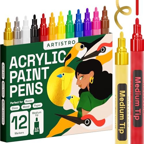 Acrylstifte, Acryl Stifte zum Bemalen von Steinen, Felsen, Keramik, Glas, Holz, Stoff, Leinwand, Porzellan, Metall, 12-er Set Acryl Marker Medium Spitze (2mm)