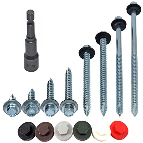 Pack of 100 x 6.3mm x 60mm TEK HEX Head Roofing Screws, Plus Free 16mm Black HEX Cover CAPS & Driver BIT