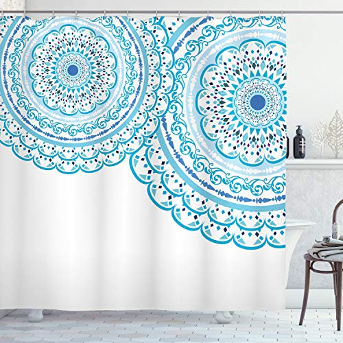 ABAKUHAUS Mandala Duschvorhang, Hochzeits-Einladung Spitze, Stoffliches Gewebe Badezimmerdekorationsset mit Haken, 175 x 240 cm, Himmelblau Hellblau