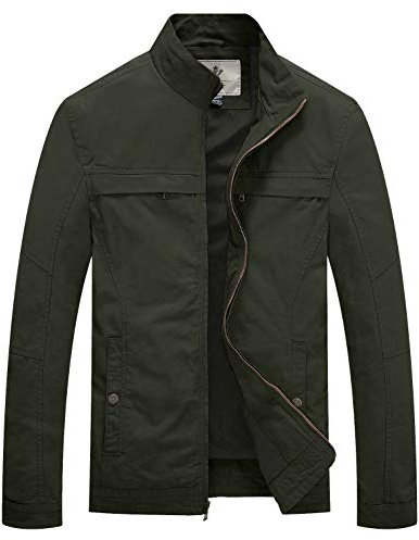 WenVen Giacca Classica in Cotone Giubbotto Leggero Autunnale Cappotto con Zip Antivento Giaccone Tempo Libero Multitasche Uomo Verde Militare M