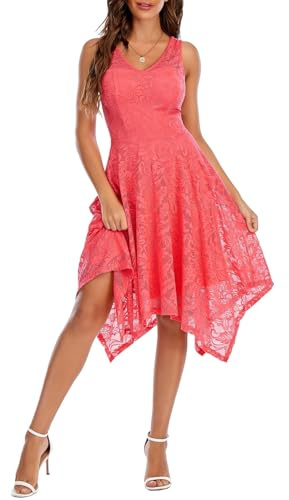 Meetjen Robe de Soirée Cocktail Asymétrique À Col en V Robes de Mariée en Dentelle Formelle Mariée Ligne A Corail S