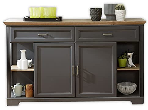 Stella Trading JASMIN Sideboard in Artisan Eiche Optik, Graphit - Kommode mit Schubladen und viel Stauraum im Landhausstil - 171 x 102 x 48 cm (B/H/T)