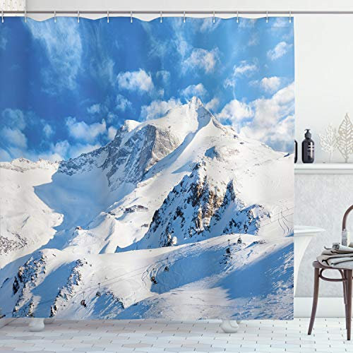 ABAKUHAUS Montagne Rideau de Douche, Snowy Mountain Ski, Tissu Ensemble de Décor de Salle de Bain avec Crochets, 175 cm x 180 cm, Blanc Bleu