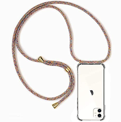 Casecool für iPhone 11 Hülle mit Band, Handyhülle iPhone 11 Handyband Hülle mit Kette Schutzhülle Kordel zum Umhängen Transparent Weich TPU Silikon Bumper, Rainbow