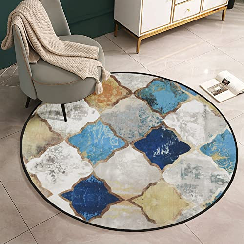 Fancytan Teppich Geometrisches Rund Diamant Muster, Vintage Look, gelb und blau, groß für Wohnzimmer, Schlafzimmer, Rond 150cm