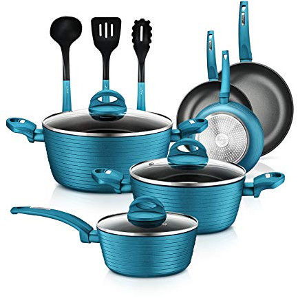 Nutrichef bateria de cocina, Antiadherentes, 12 piezas, Laca resistente al calor, Diseño elegante, Ollas y sartenes de tamaños multiples, Libre de PFOA y PFOS