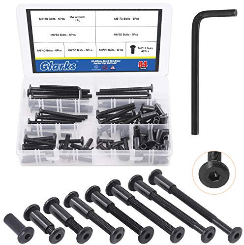 Glarks Lot de 85 boulons noirs à tête hexagonale M6 x 20/30/40/50/60/70/80 mm avec clé Allen pour chaises, tables, armoires