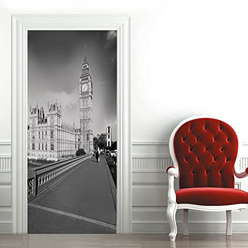 A.Monamour Türtapete Selbstklebend Türfolie Türposter 3D Der Big Ben London Street View Von Der Westminster Bridge In Schwarz Weiß Vinyl Folie Türdeko Tapete Wandbild Türaufkleber 85 x 215 cm