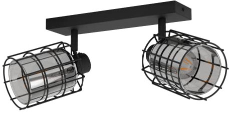 EGLO Deckenlampe Consaca, 2 flammige Deckenleuchte, industrial, Deckenstrahler aus Metall, Rauchglas, Wohnzimmerlampe in Schwarz, Schwarz-Transparent, Spots mit E27 Fassung
