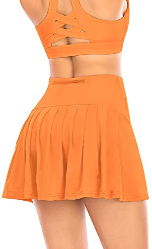 Damen Plissierter Tennisrock mit Hose Faltenrock Kurz Hosenrock Tennis Golf Sport Workout Running Rock Sommerrock Minirock (Orange, XS)