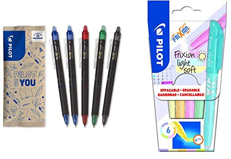 Pilot – 5er-Set Frixion Point Clicker – Tintenroller 0.5 mm mit löschbarer, thermosensitiver Tinte – 2 Blau, je 1 Schwarz, Rot, Grün & FriXion Light Soft, radierbarer Textmarker, 6er Set