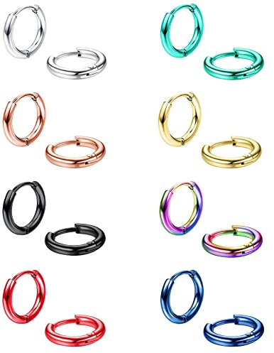 Morfetto 8 Paar Chirurgenstahl Kleine Creolen für Männer Frauen 10mm Huggie Creolen Winzige Knorpel Helix Daith Lappen Klappbare Schläfer Knorpel Ohrringe 10mm (20G)