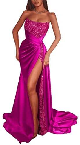 WSEYU Glitter paillettes Prom Dresses Mermaid fessura raso abito da sera scintillante Stretch con treno HYY01, Fucsia, 52 Più