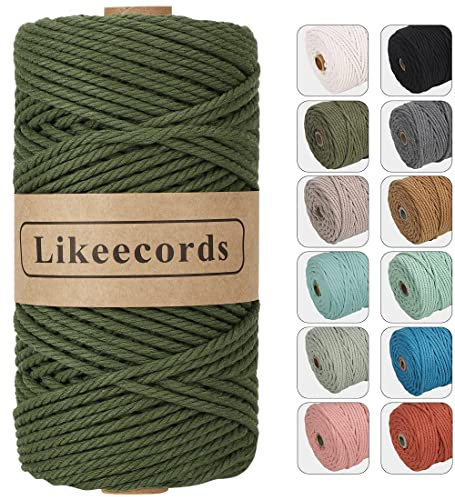 Likeecords Makramee Garn 4mm x 100m,Natürliches Baumwollschnur, Makramee-Seil, Bunte Bastelkordel aus Baumwolle für Taschen, Wandbehänge, Pflanzenaufhänger (Militärgrün)