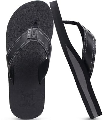 KuaiLu Flip Flops Herren Weich Leder Zehentrenner Männer Bade Sandalen Bequeme Breite Füße Badelatschen Yoga Gummi Fussbett Sommer Strand Zehensandalen rutschfest Indoor Outdoor Ganz in Schwarz 42