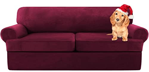 Sofa Cover,T Cushion Sofa Cover Velvet Non-Slip T Cushion 1/2/3 Seater Couch Cover with Individual T Cushion Seat Cover with Elastic Bands Furniture Slipcovers Protector (Dark red,X-2 Seat-3 pieces)