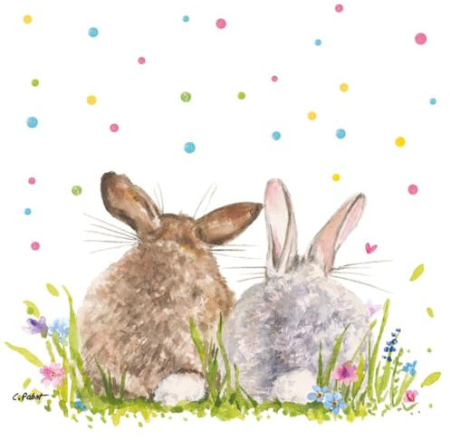 20 Servietten Hasenpaar im Gras mit bunten Punkten | Hase | Ostern | Frühling | Tischdeko | Decoupage | Serviettentechnik 33x33cm