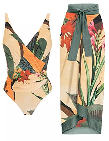 ORANDESIGNE Costumi Interi da Bagno Donna Scollo a V Costumi da Bagno con Coppe Imbottiti Push Up Costume Contenitivo Pancia Curvy Beachwear Monokini Bikini Set Stampati Swimwear F Albicocca L