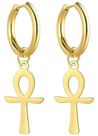 VASSAGO Ägyptisches Ankh Kreuz baumeln Ohrringe Edelstahl Ohr stecker Schlüssel des Lebens Amulett Klassischer Kreuz schmuck für Männer Frauen (Gold)