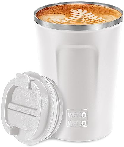 WETOWETO 12oz Reusable Coffee Cup, Coffee Travel Mug with Lid, Spill Proof Thermal Mug, Double-Walled Insulated Cup, Stainless Steel Portable Cup for Hot and Cold Drinks(White)