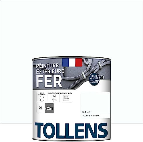 Tollens - Peinture extérieure fer 2 en 1 - Ultra Résistante - Protection antirouille - Laque Riche en Résine - Sans Sous-Couche - Entretien Facile - Brillant - Blanc - 2L = 32m2