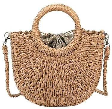 Sac Paille,Sacs à Main Sac de plage en paille d'été fait à la main rond femmes sacs à bandoulière raphia cercle rotin sacs bohème décontracté tissé panier sacs à main (Color : Khaki, Size : (20(Max
