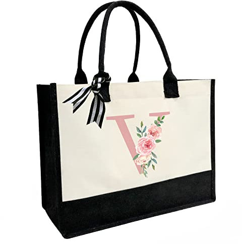 Personalisierte Strandtasche aus Segeltuch mit Innentasche mit Reißverschluss, doppelte Schultergurte, monogrammierte Jute-Tasche für die tägliche Arbeit und Reisen, Pinker Buchstabe V, Einheitsgröße