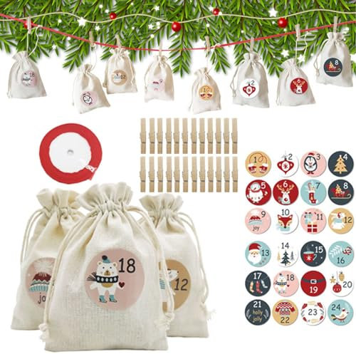 Adventskalender zum Befüllen 24 Stück, 2024 Weihnachtskalender Jutesäckchen 15 x 10cm Groß, Adventskalender Tüten zum Aufhängen oder Aufstellen, Weihnachtsdeko Tüten, Adventskalender Zahlen Aufklebern