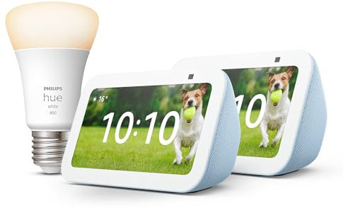 Echo Show 5 (3e génération) | Bleu-gris, pack de 2 + Philips Hue White ampoule connectée (E27), Fonctionne avec Alexa - Kit de démarrage Maison connectée