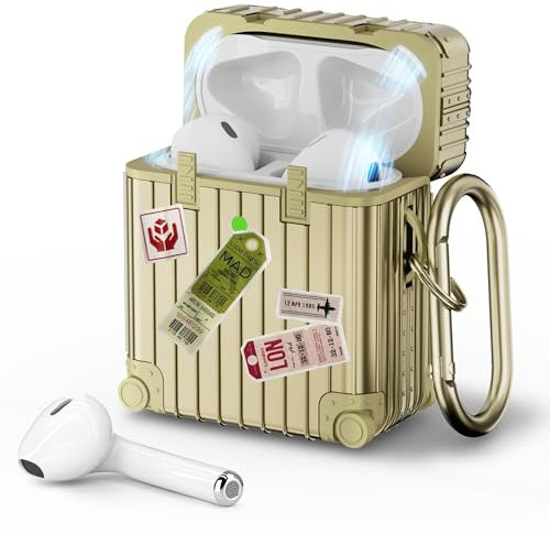 VISOOM Kompatibel mit AirPods Hülle AirPods Case Cute Apple Airpods 2 & 1, Voller Schutz Weiches TPU Suitcase Schutzhülle mit karabiner[Front-LED Sichtbar] (Gold)