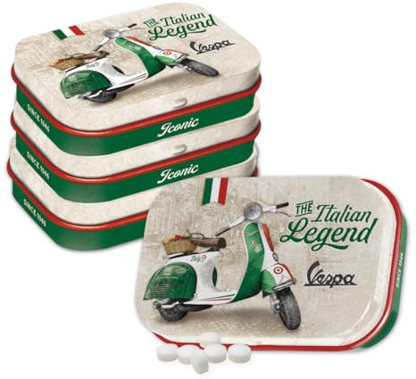Nostalgic-Art Retro Pillendose, 4 x 6 x 1,6 cm, Vespa – Italian Legend (4er-Set) – Geschenk-Idee für Roller-Fans, Original Lizenzprodukt (OLP), mit Pfefferminz-Dragees, Vintage Design