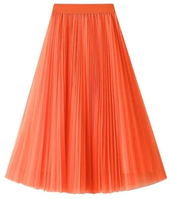 JNWHY Hübscher Rock Bleistiftrock Damen Tüll Röcke Frauen Mode Prinzessin Solid Mesh Hohe Taille Plissee Langer Rock Weiblich OneSize Orange