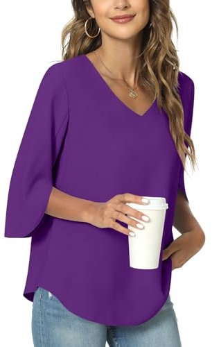 TAOHUADAO Damen Sommer Casual T-Shirt V-Ausschnitt Tunika Tops für Leggings Chiffon Bluse Shirt XL, Lila