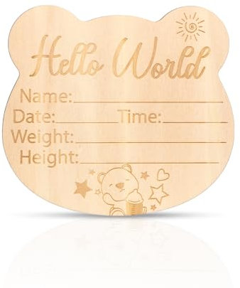 Baby Ankündigungsschild, 15 x 13,6 cm Holz Hallo Welt-Neugeborenen-Schild Neugeborenen-Ankündigungsschild Geburtsankündigungskarten Baby-Namenskarten für Babygeschenke (Stil 1)