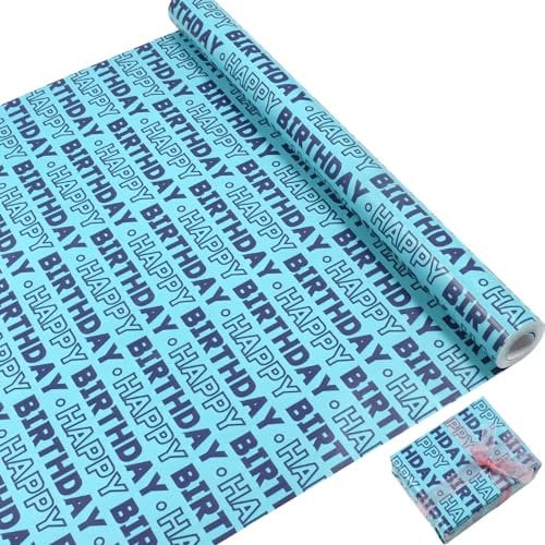 Papier d'emballage pour emballage cadeau d'anniversaire - Paquet en rouleau pour joyeux anniversaire 43 cm x 12 M (modèle bleu)