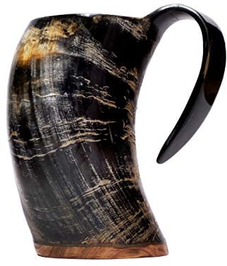 Brillibrum Design Trinkhorn Becher echtes Kuhhorn poliert mit Griff Wikinger Becher Trink-Gefäß aus Horn Bierkrug Mittelalter Unikat Horntasse Met (Kuhhornbecher, 1000 ml)