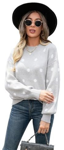 HEYPORK Damen Herbst Winter Warm Bequem Pullover Casual Mode Strickjacke Strickpullover Frauen Pullover Strickwaren Polka Dot Pullover(Grau, XL)