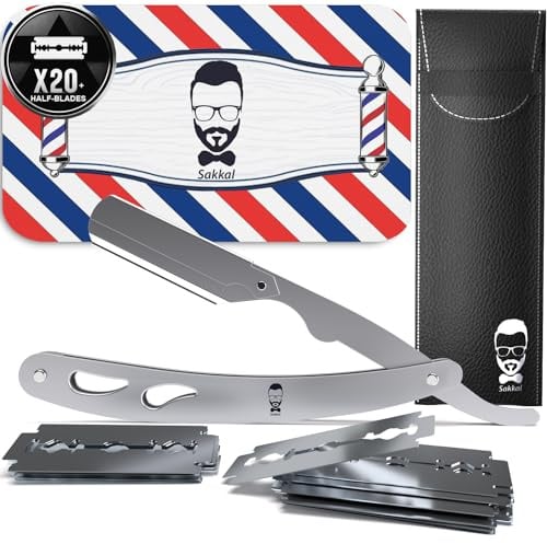 Rasoir à Barbe Coupe choux |20 Demi-Lames Etui Cuir de Transport |KIT rasoir de barbier manuel professionnel barber Visage classique Entretien a main précision vintage Traditionnel coiffeur (GRIS)