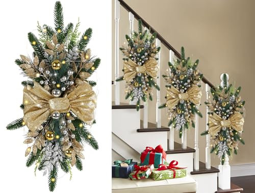 IPOPU Light Up Christmas Swag Wreath - Artificial Teardrop Prelit Stair Decoration for Railing, Wall, Window - Xmas Decor (Gold)