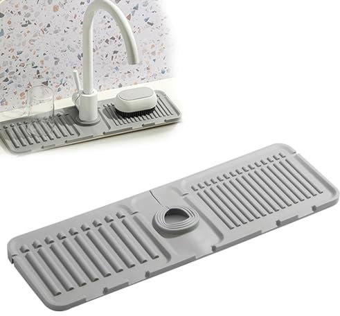 Generisch Wasserhahn Spritzschutz Abtropftablett Matte, 2024 Neuestes Silikon Abtropftablett Matte Wasserhahn Abtropfmatte, Tropffänger Tablett Wasserfänger Matte für Küche Bad Spülbecken (Grau)